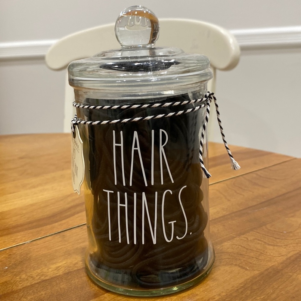 NWT.  Rae Dunn, glass, lidded jar with 140 hair ties.